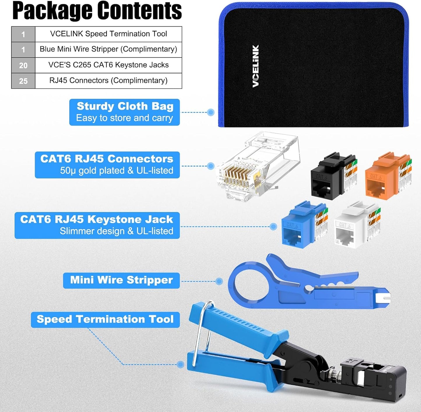 Kit herramientas red punch down 20 conectores keystone cat6