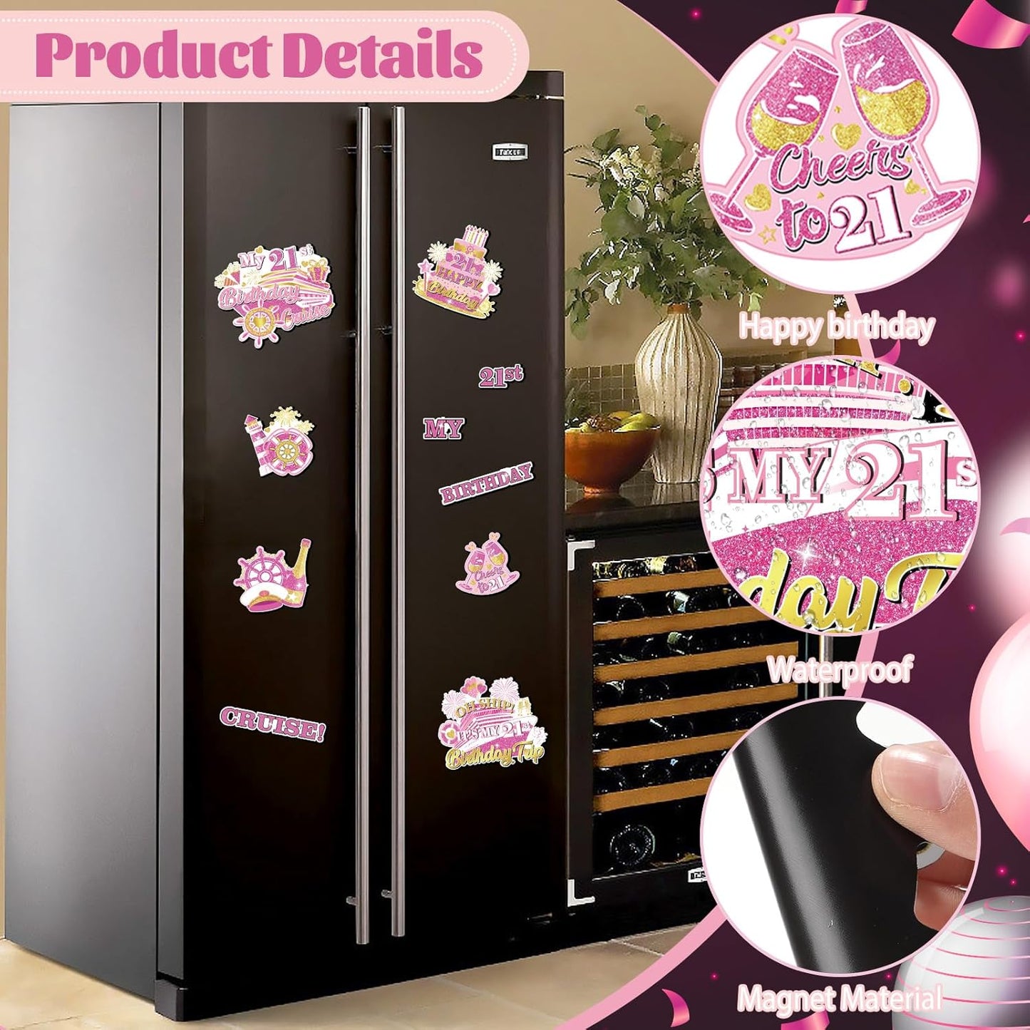 Imanes puerta cumpleaños 21 oro rosa decoración magnética coche