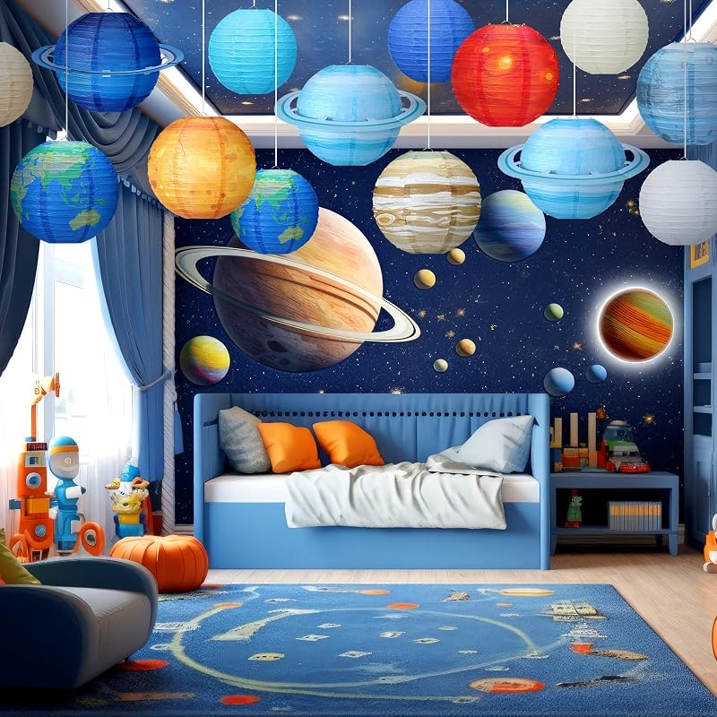 16 Linternas papel globo faroles colgantes fiesta espacial azul