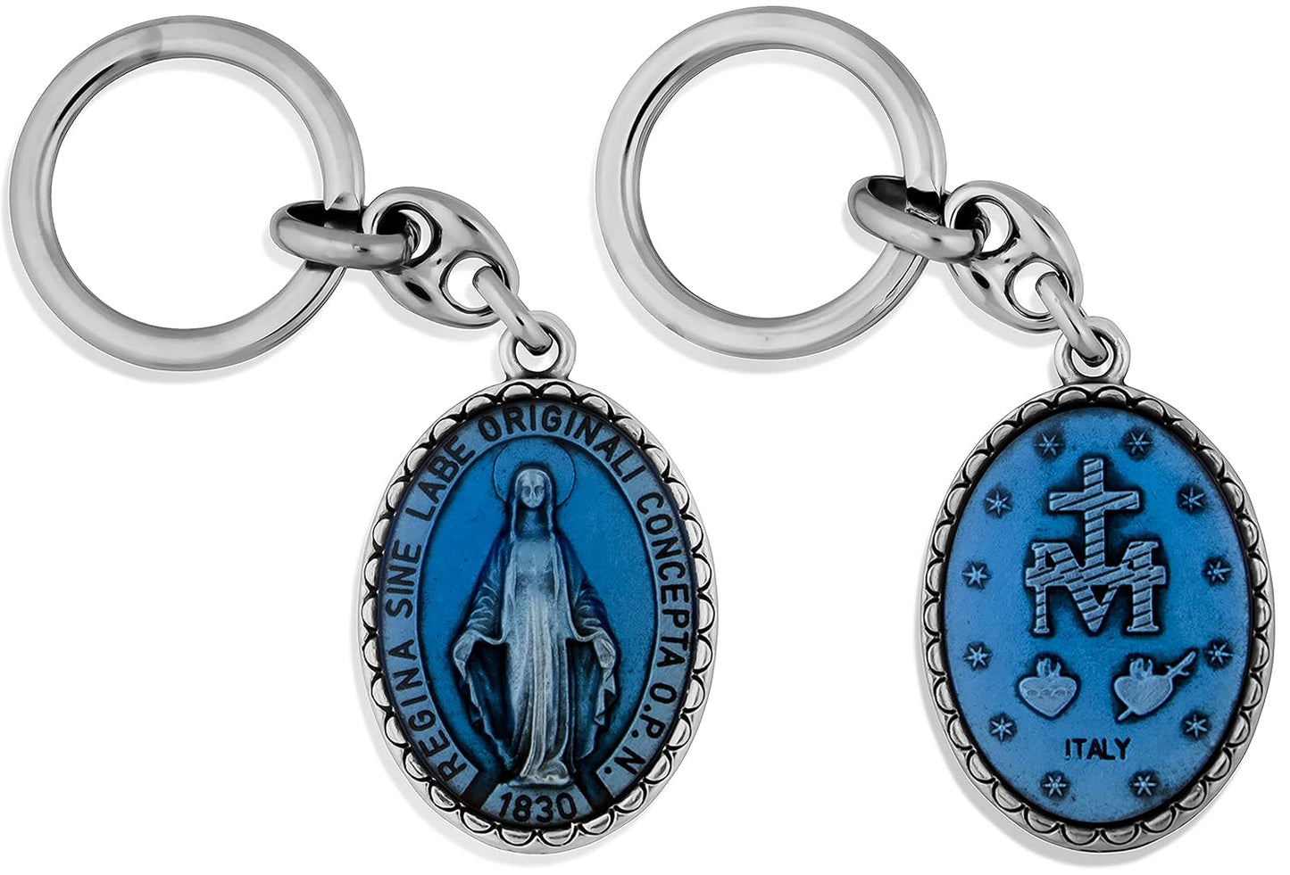 Llavero doble cara medalla milagrosa azul claro