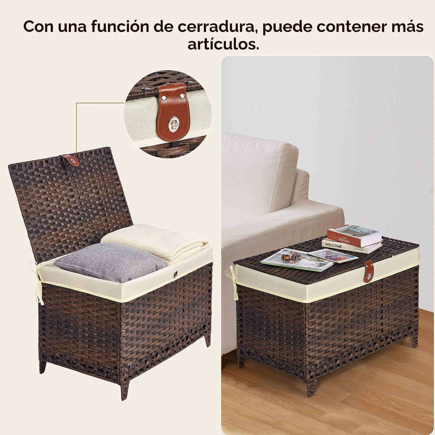 Cesta almacenamiento mimbre con tapa 160L forro extraíble