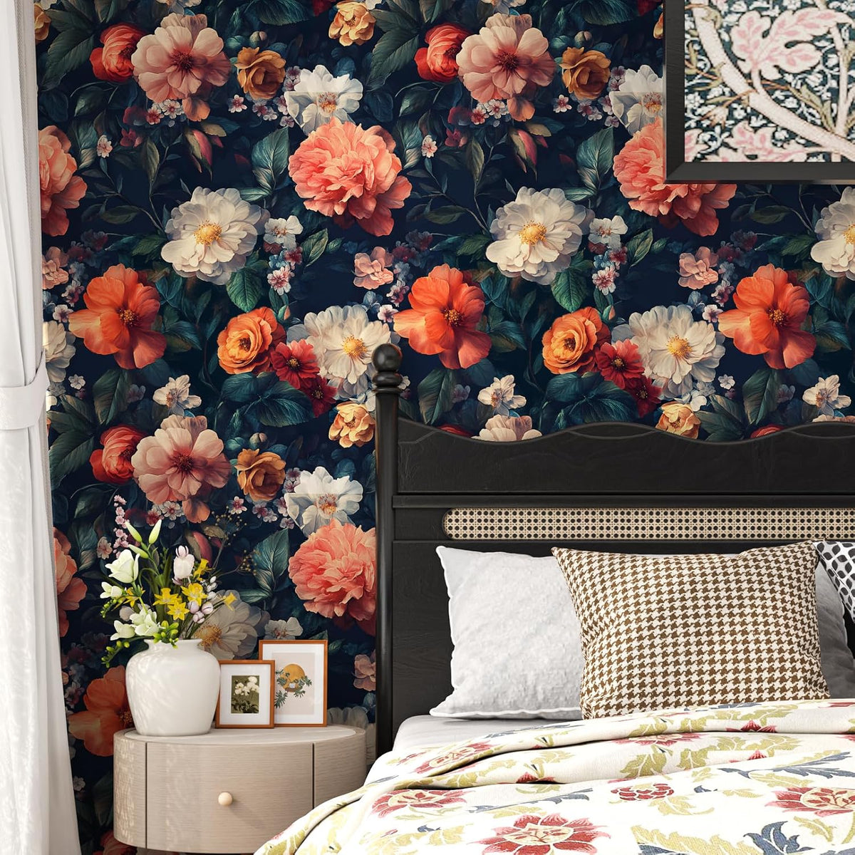 Papel tapiz floral negro vintage autoadhesivo para gabinete baño