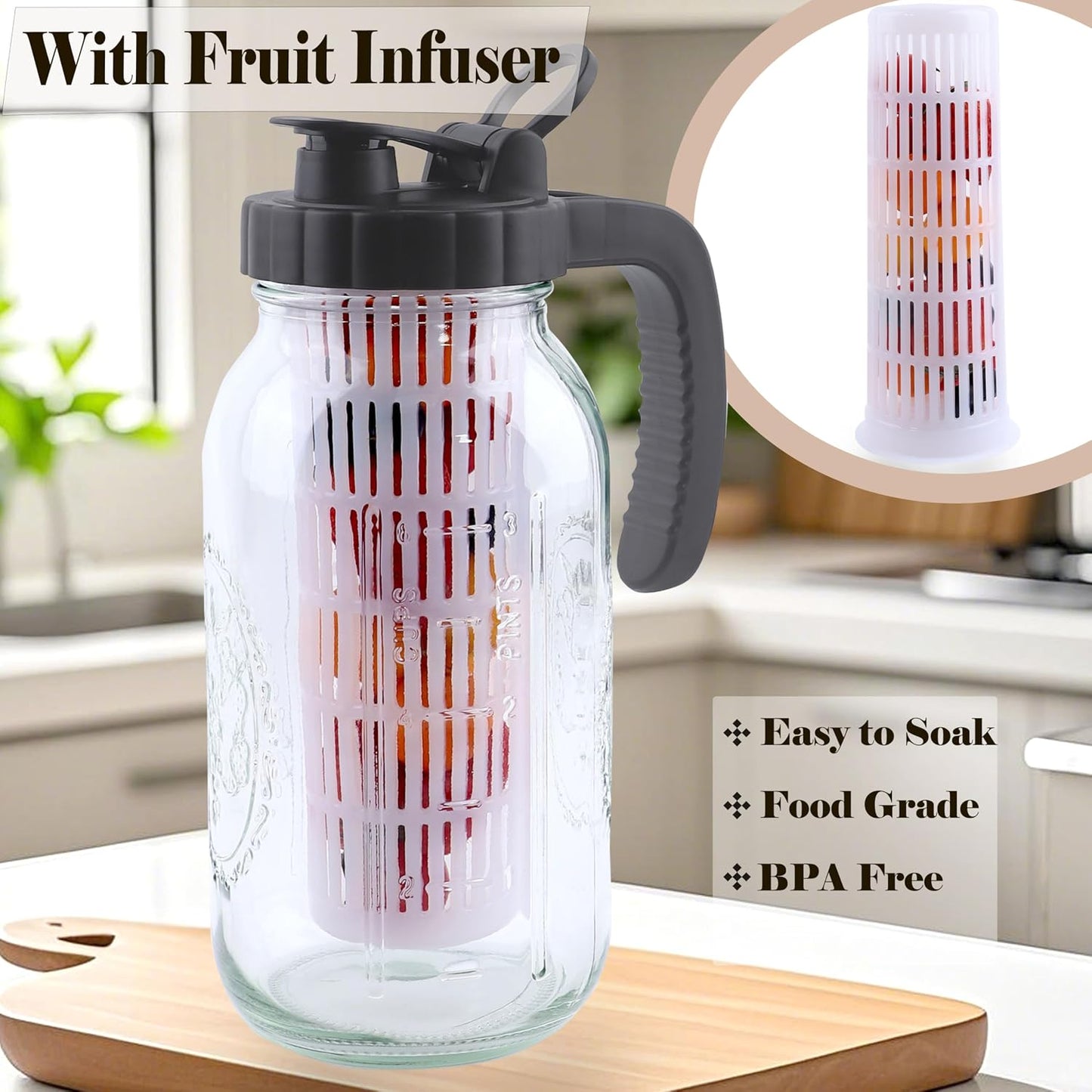Jarra vidrio 64oz con infusor tapa té café limonada nevera