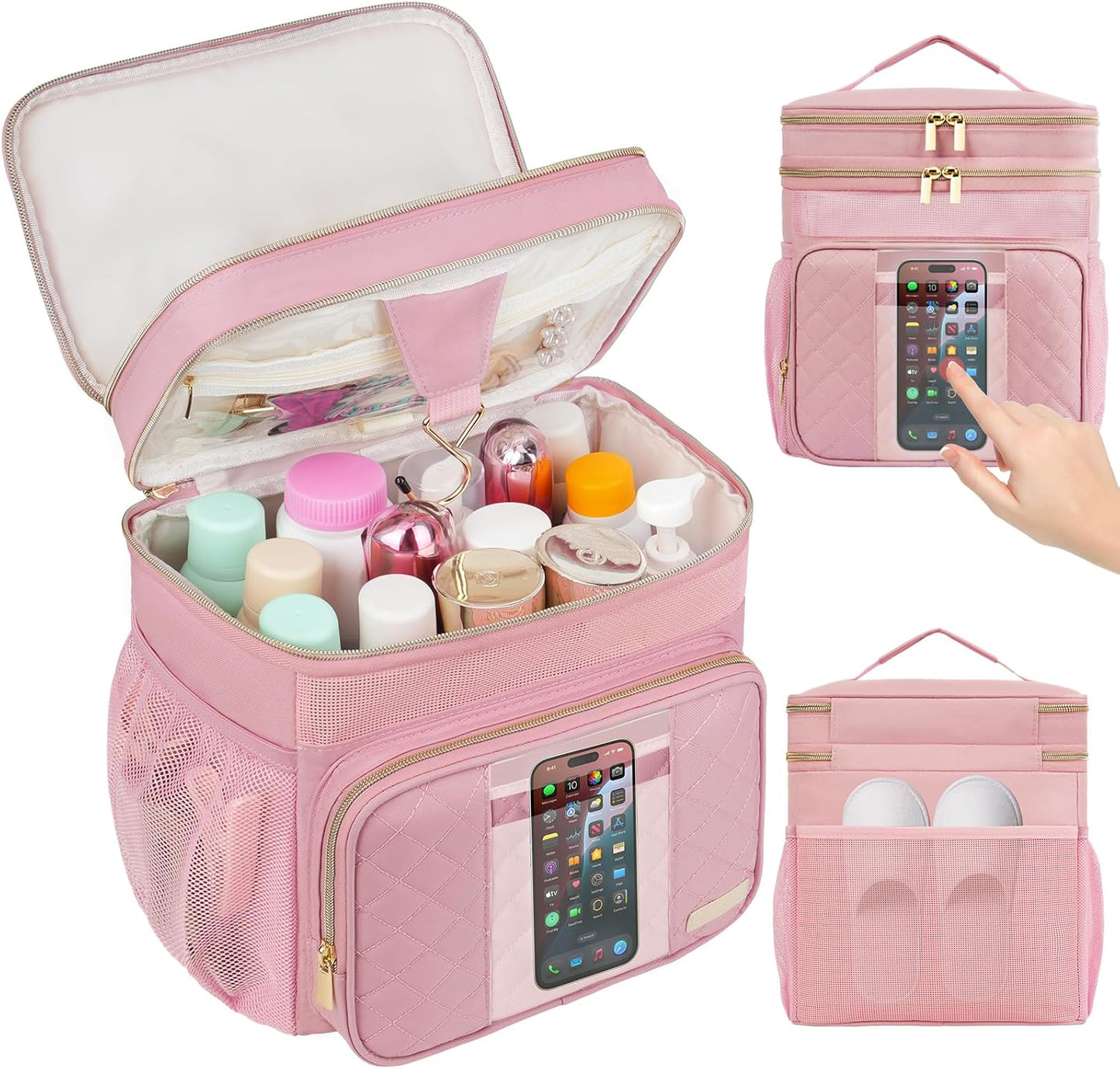 Bolsa organizadora ducha 2 capas malla secado rápido rosa