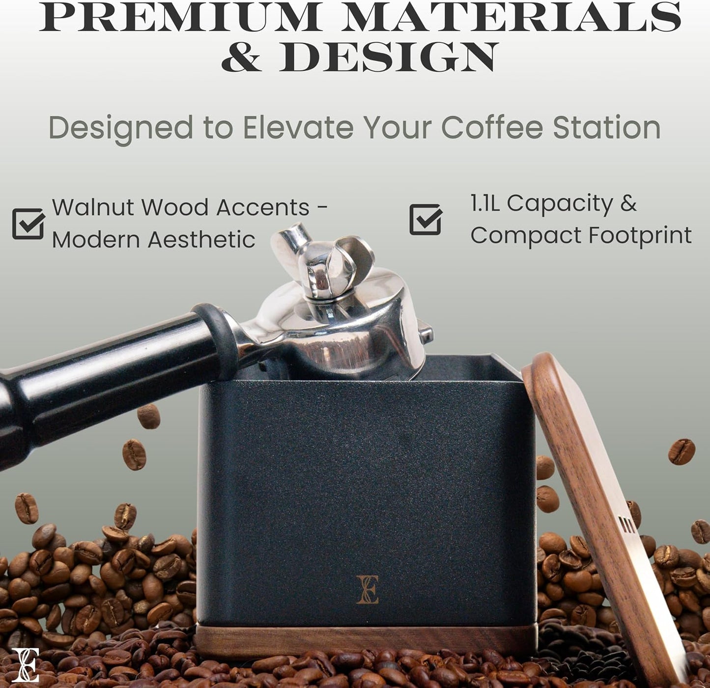 Caja golpeo espresso acero 1L base antiderrap nogal barra goma