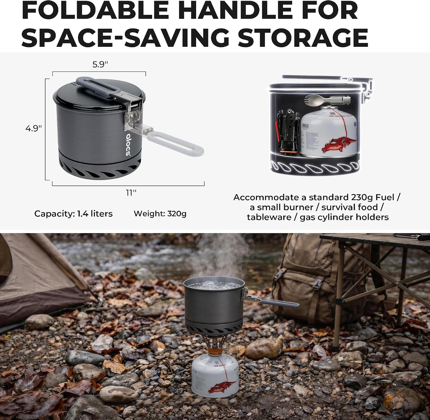 Olla camping 1l aluminio Tritan con mango plegable