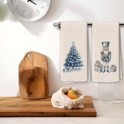 Juego 2 paños cocina navidad diseño árbol azul retro 16x24