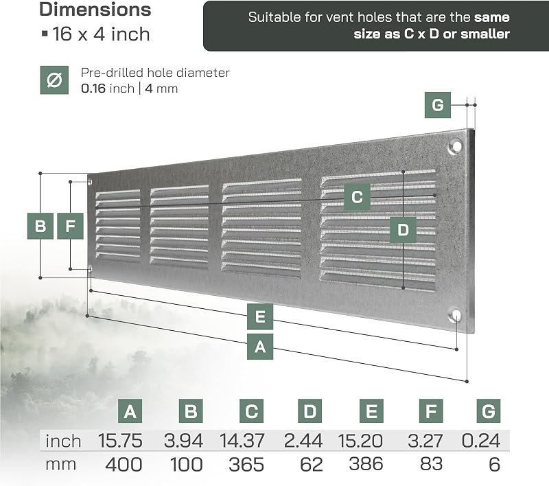 Cubierta ventilación metal 16x4" con pantalla plagas set 3