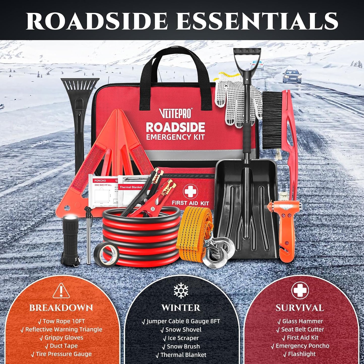 Kit emergencia carretera con pala nieve y correa remolque