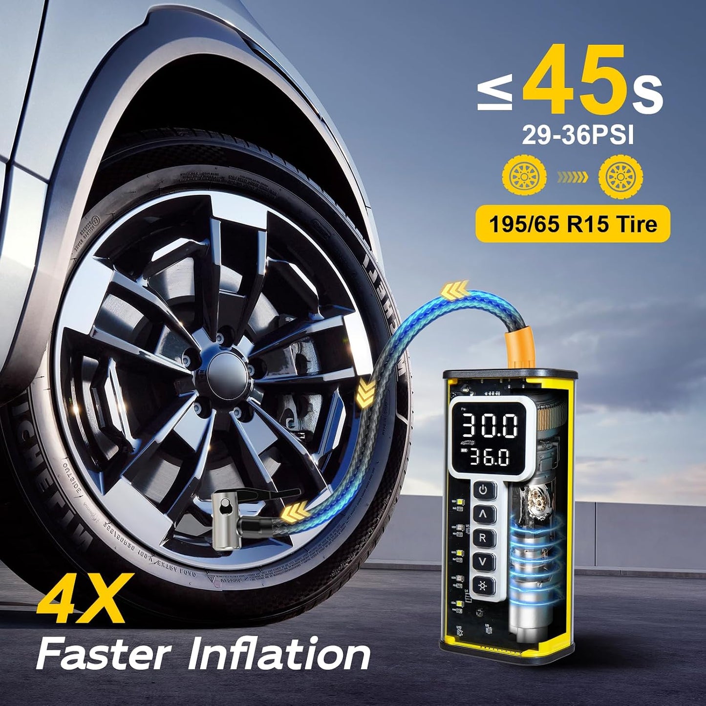 Inflador neumáticos compresor aire 150 PSI con manómetro LED