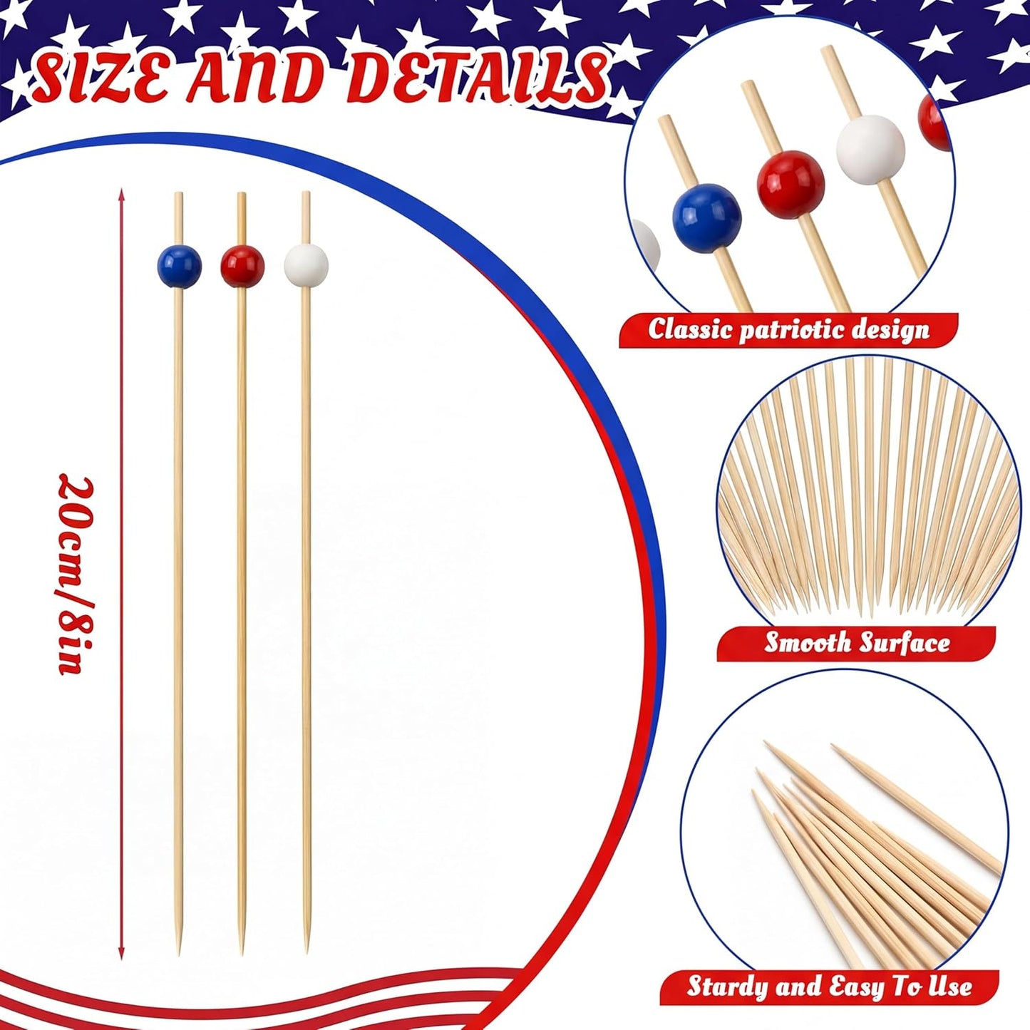 Set 200 palillos bambú rojo blanco azul para fiestas 4 de julio