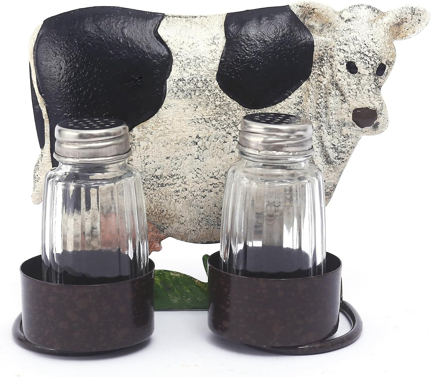 Set salero pimienta vaca vidrio con soporte