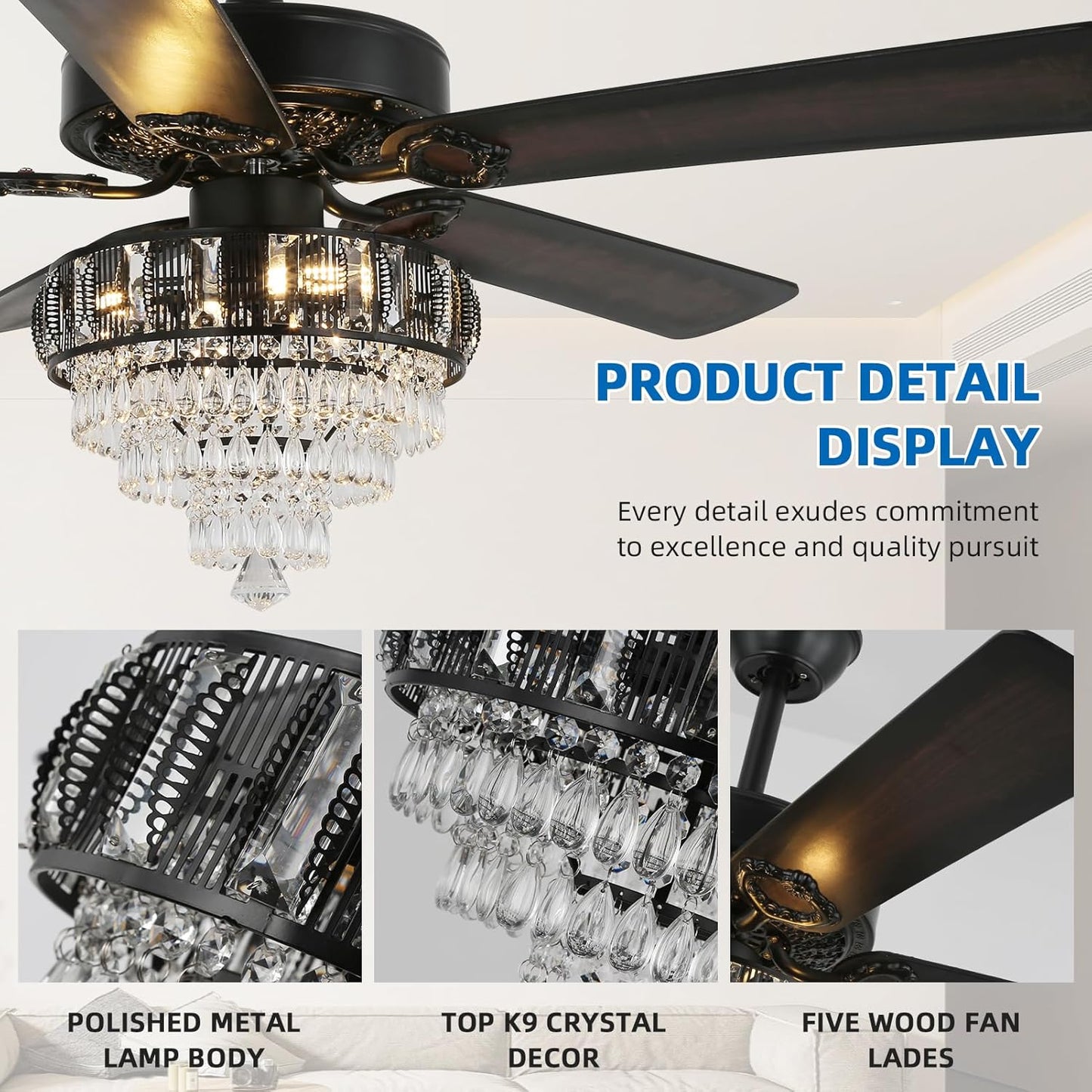 Ventilador techo cristal luces control remoto 52pulg