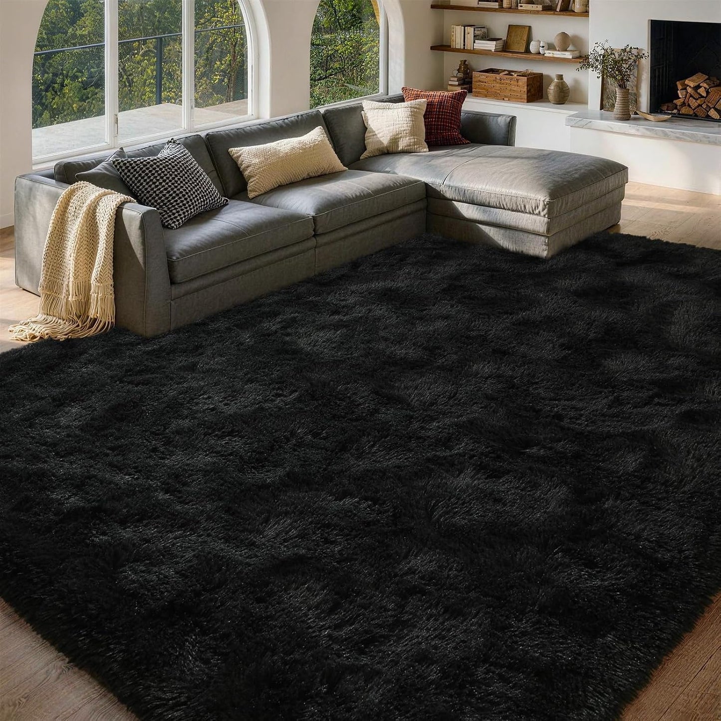 Tapete afelpado mullido antiderrap 6x9ft color negro