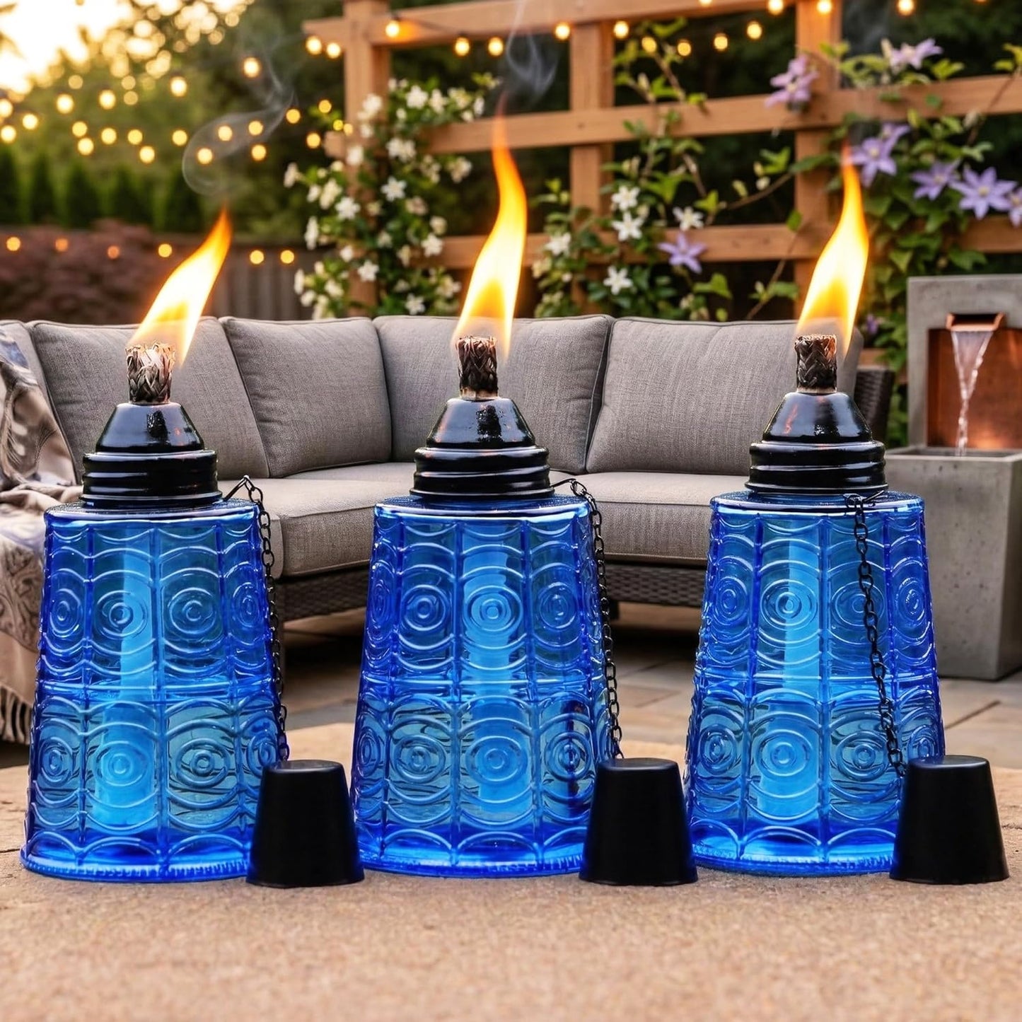 3 Antorchas Vidrio Citronela 16oz Azul Cobalto Terraza