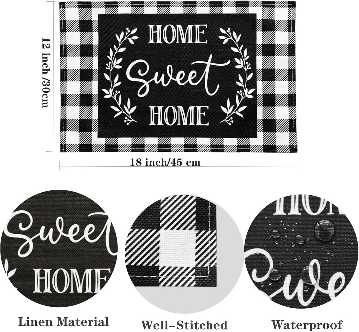 Manteles individuales buffalo plaid 4 pzas negro y blanco lavables