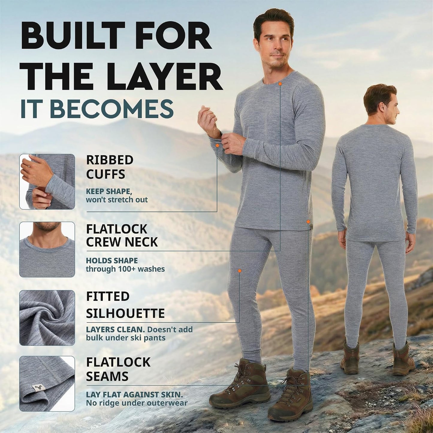 Set pijamas merino wool para hombre termo ligero medio peso