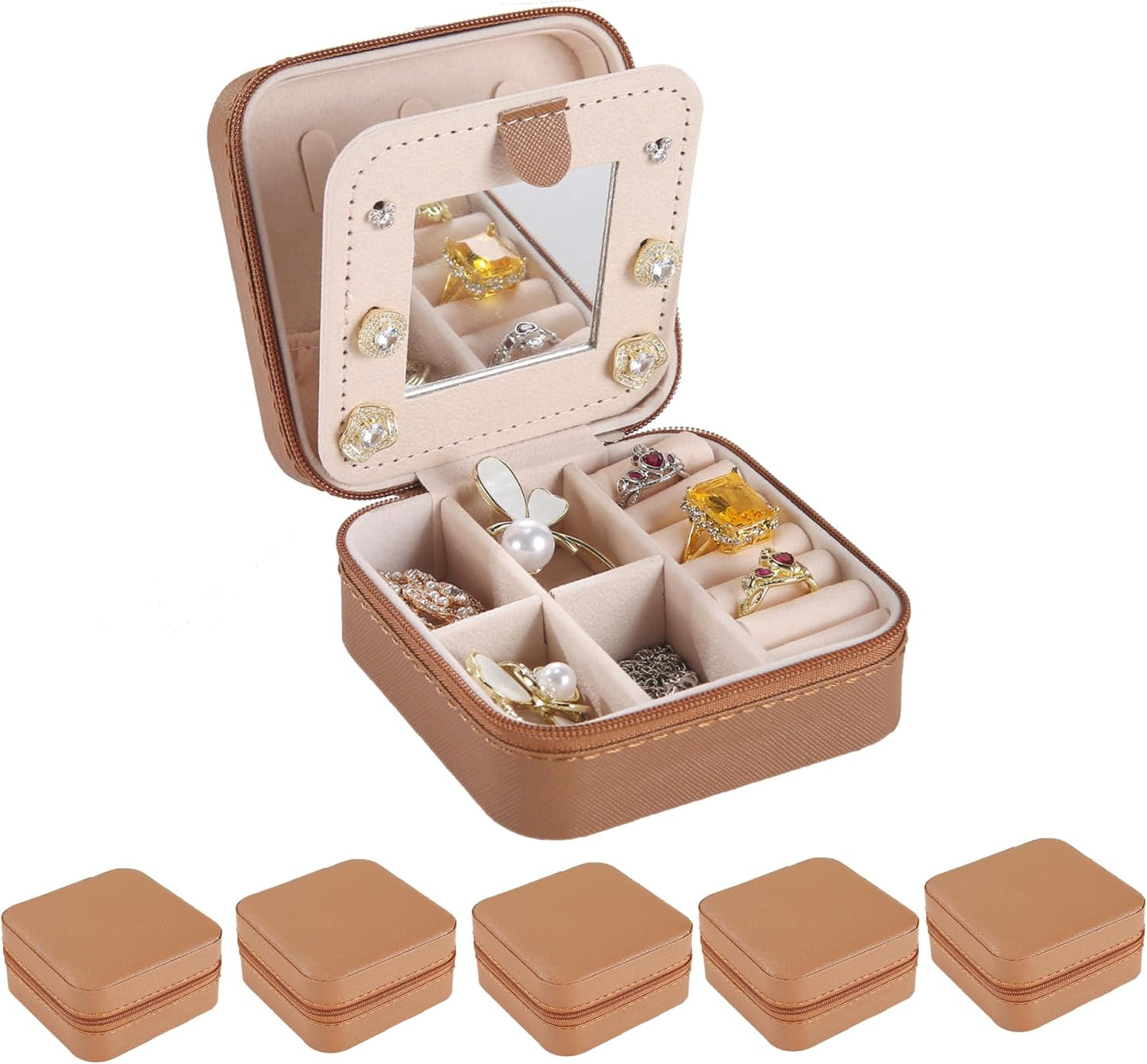 Estuche organiz. joyas viaje con espejo 5-café