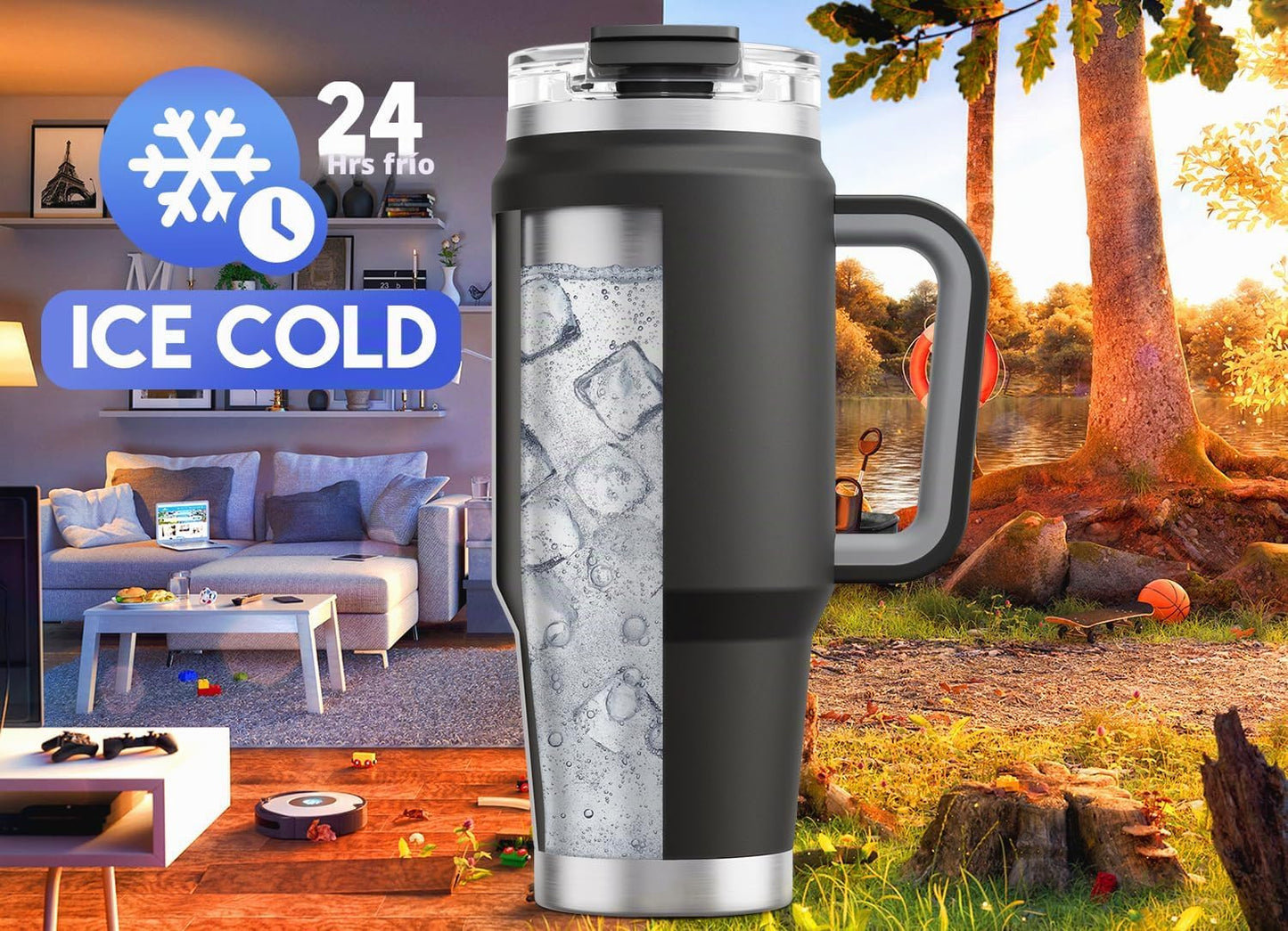 Vaso acero inox 32oz con asa tapa popote aislado 24h