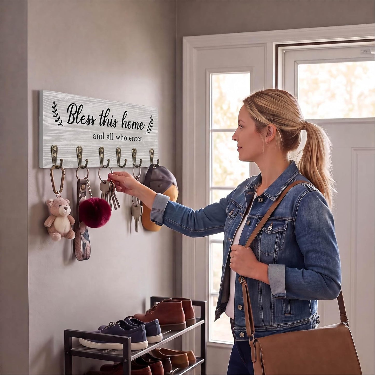 Soporte llaves madera rústica 6 ganchos gris claro