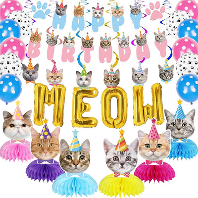 Decoración fiesta cumpleaños gato pancarta 6 centros mesa 12 globos