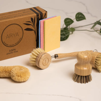Juego 4 cepillos platos bambú fibra natural escoba olla