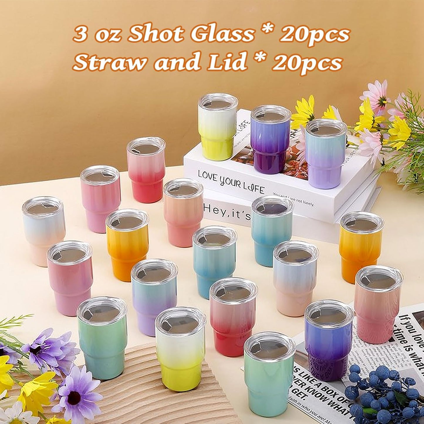 20 Mini Vasos Chupito 3oz Acero Inox Aislados con Popote