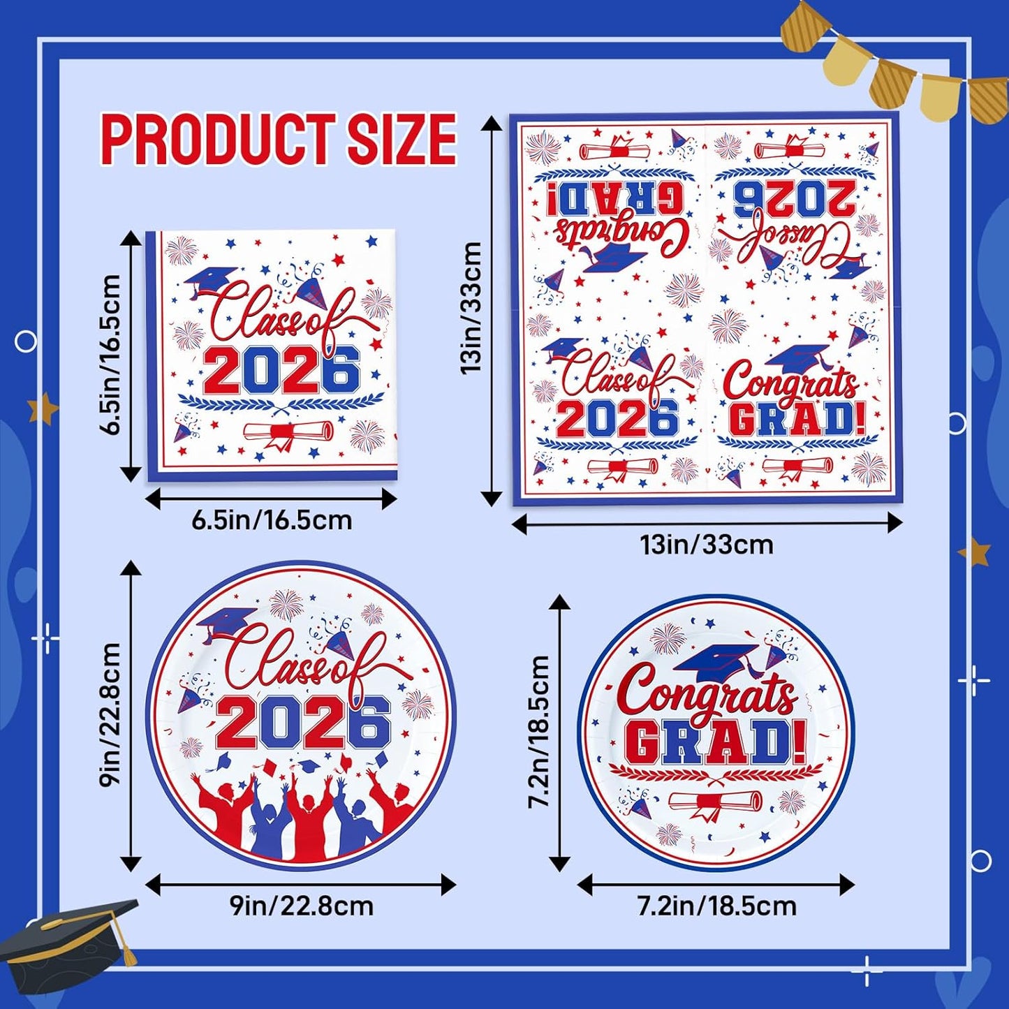 Set 100 Platos Servilletas Graduación Azul Rojo 2026