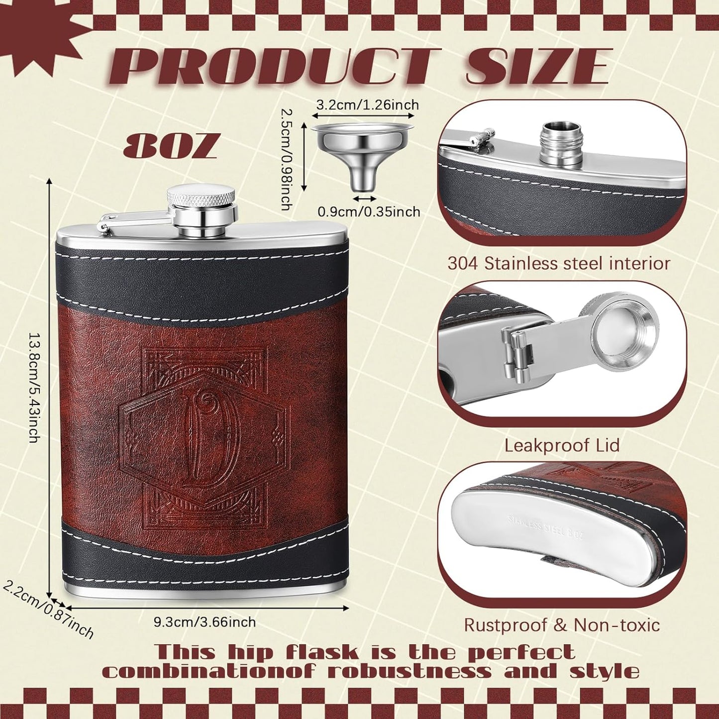 Petaca acero inox monograma 8oz regalo cuero para papá y abuelo