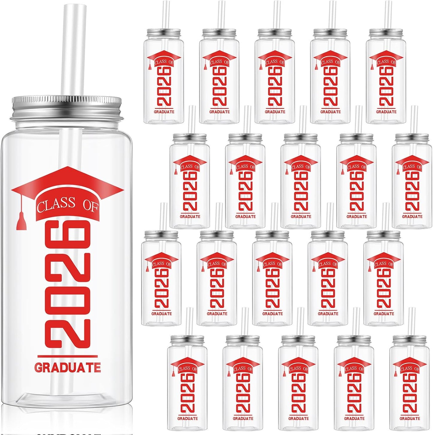 24 Vasos Plástico Transparente 13.5oz con Popote Tapa Rojo
