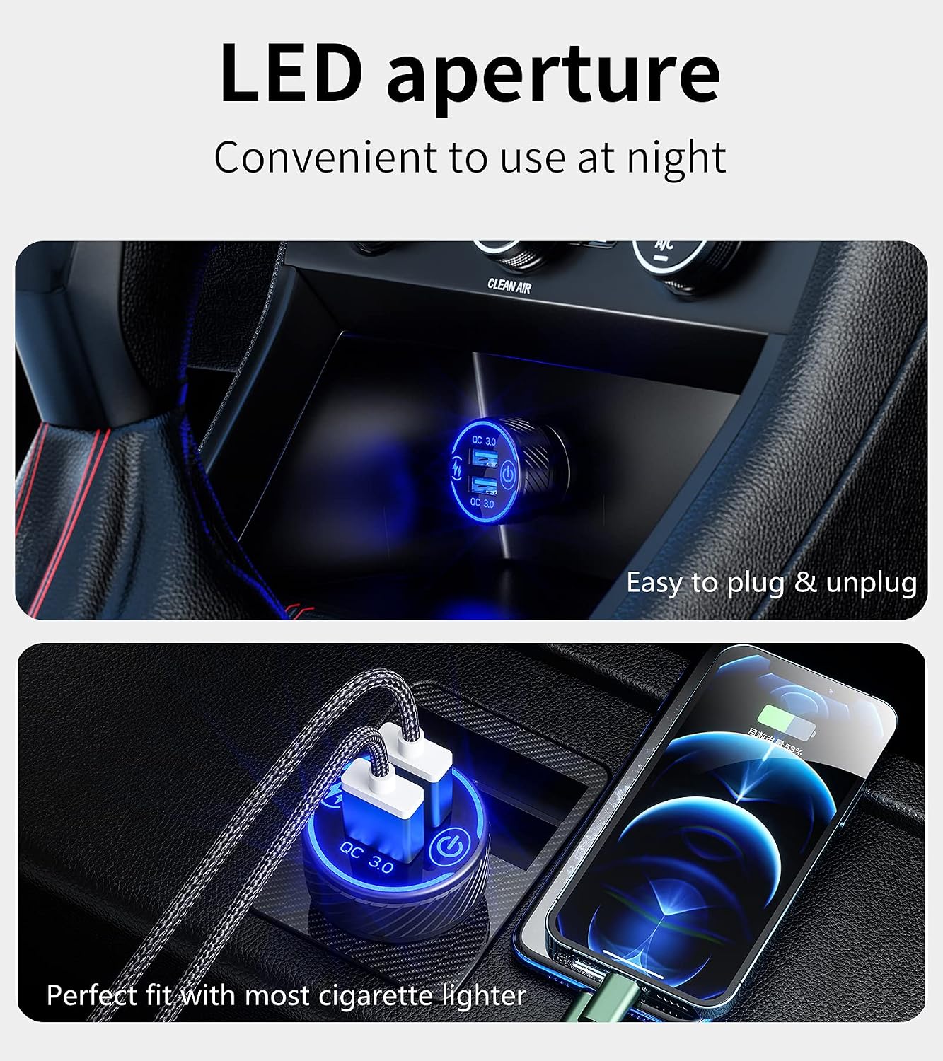 Cargador coche USB dual QC3.0 36W con LED azul