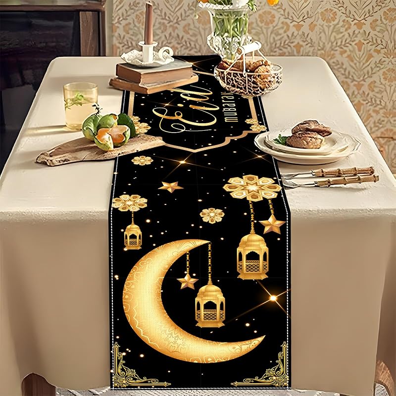Camino mesa eid decoración hogar negro y dorado con luna estrella