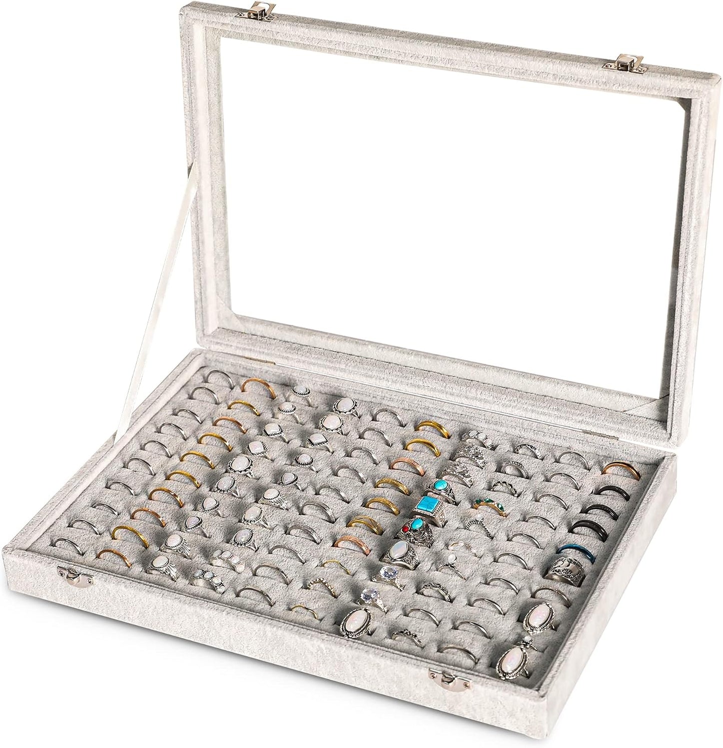 Bandeja organizadora anillos 100 ranuras tapa transparente vitrina aretes