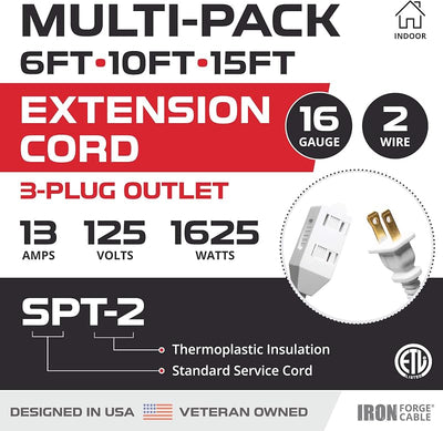 Cable extensión 16/2 SJTW 6x10x15pies 3uds interiores