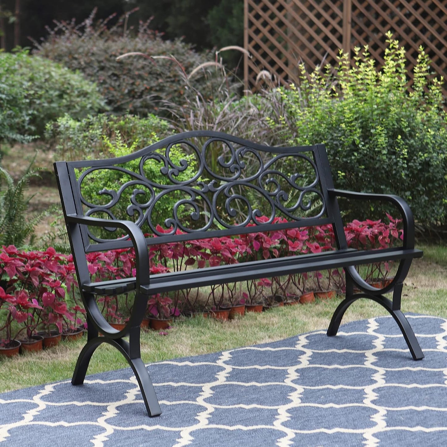 Banco jardín 50pulg hierro fundido respaldo floral negro