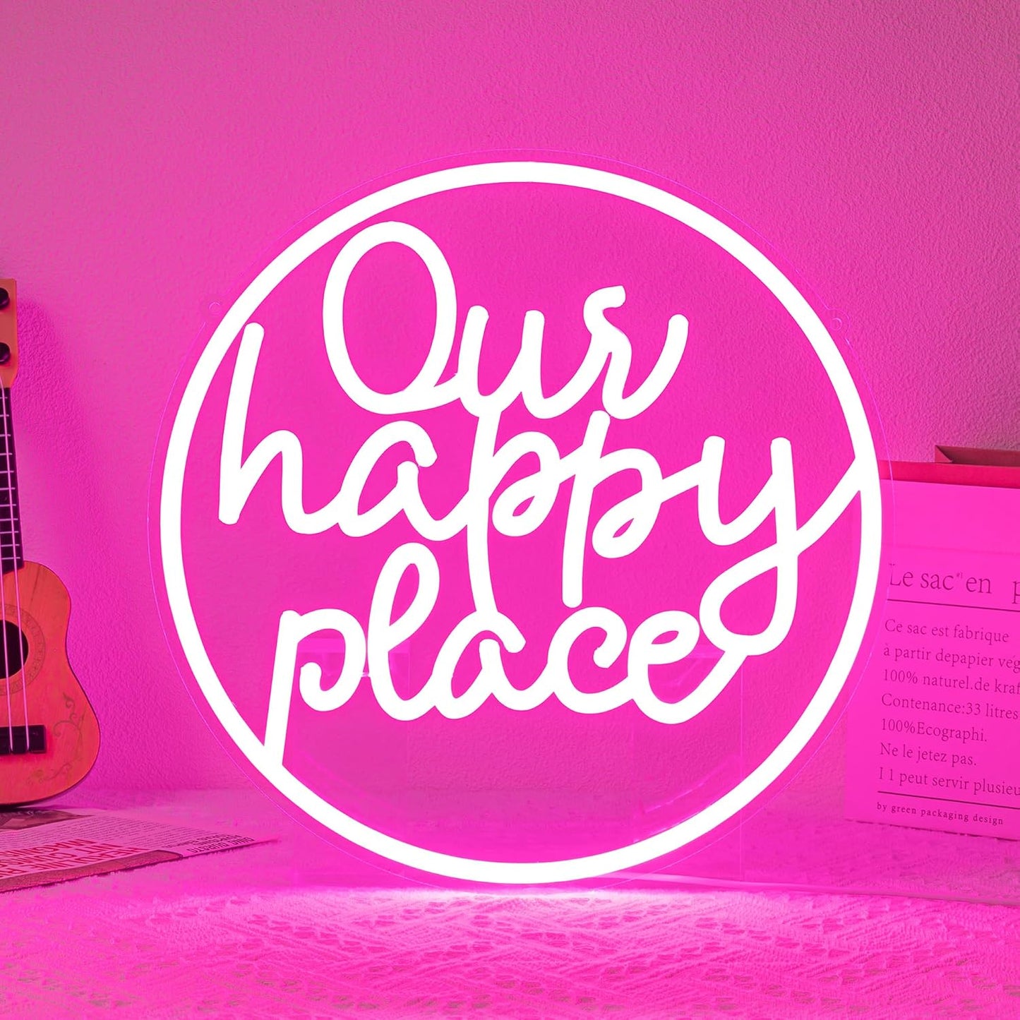 Letrero Neón Led Rosa con Texto Our Happy Place para Dormitorio Bar