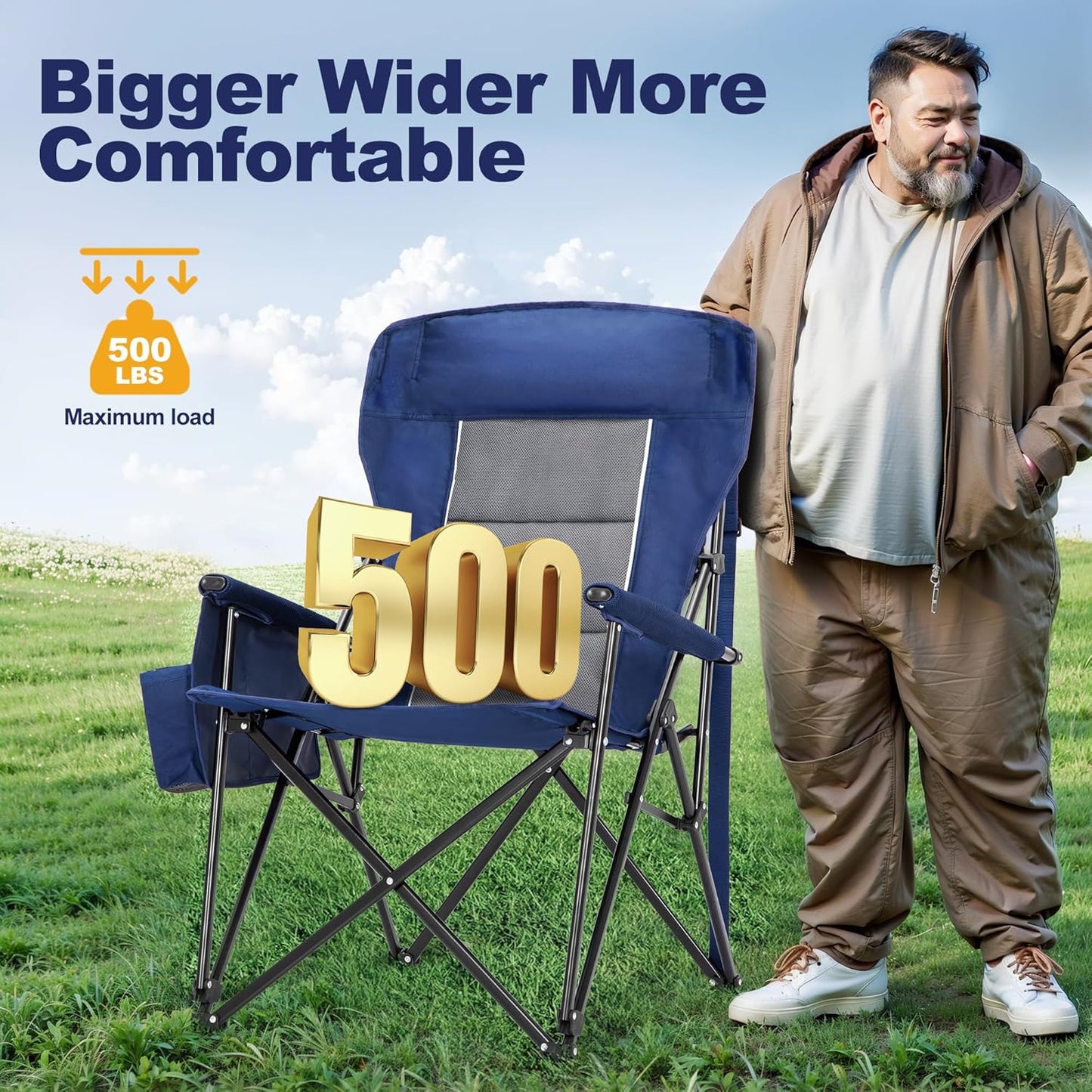 Silla campamento gran tamaño respaldo alto 500lb plegable