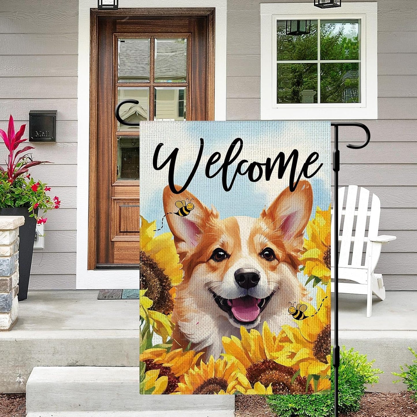 Bandera jardín doble cara 12x18pulg corgi y girasol