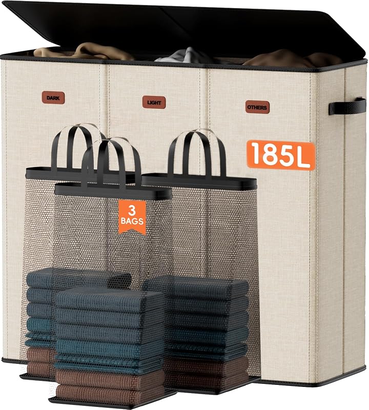 Cesta lavandería 185L 3 secciones con tapa y bolsas