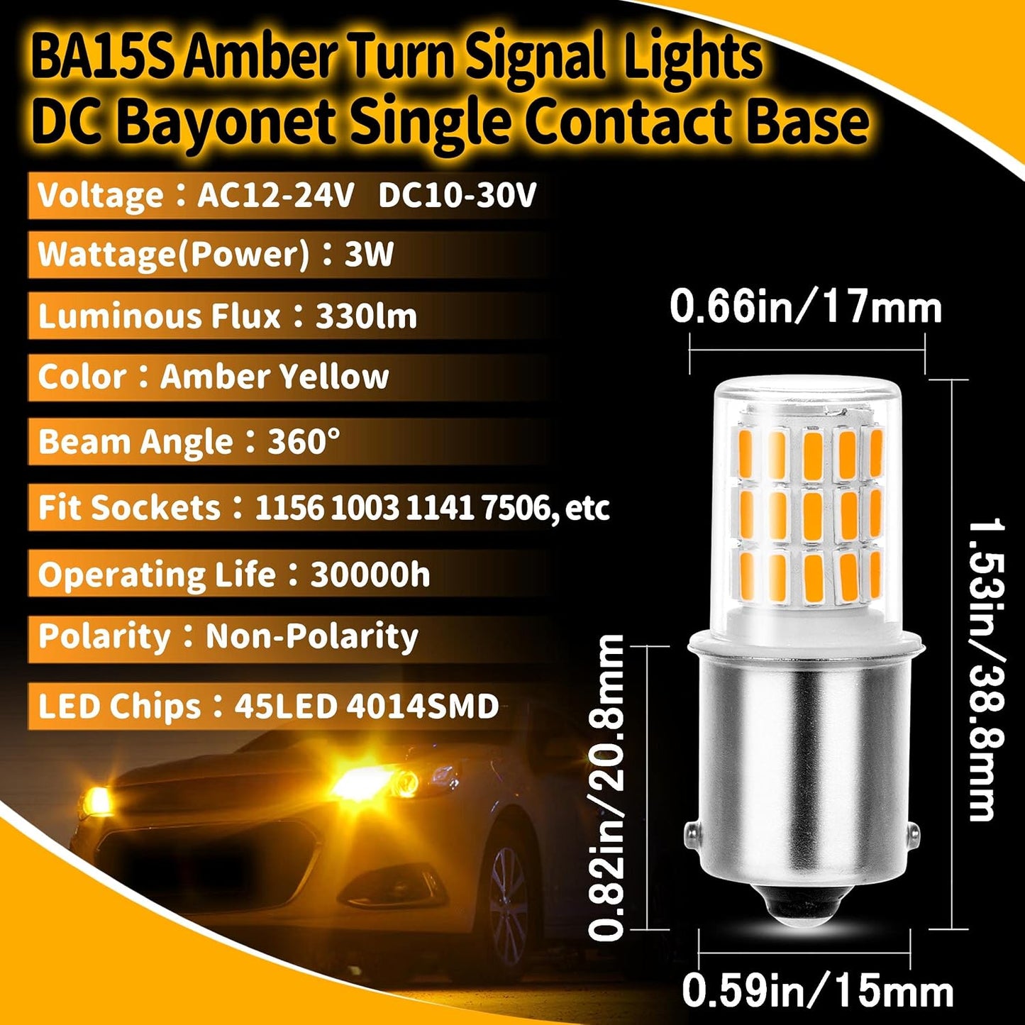 Bombilla LED 12V BA15S color ámbar para intermitente coche