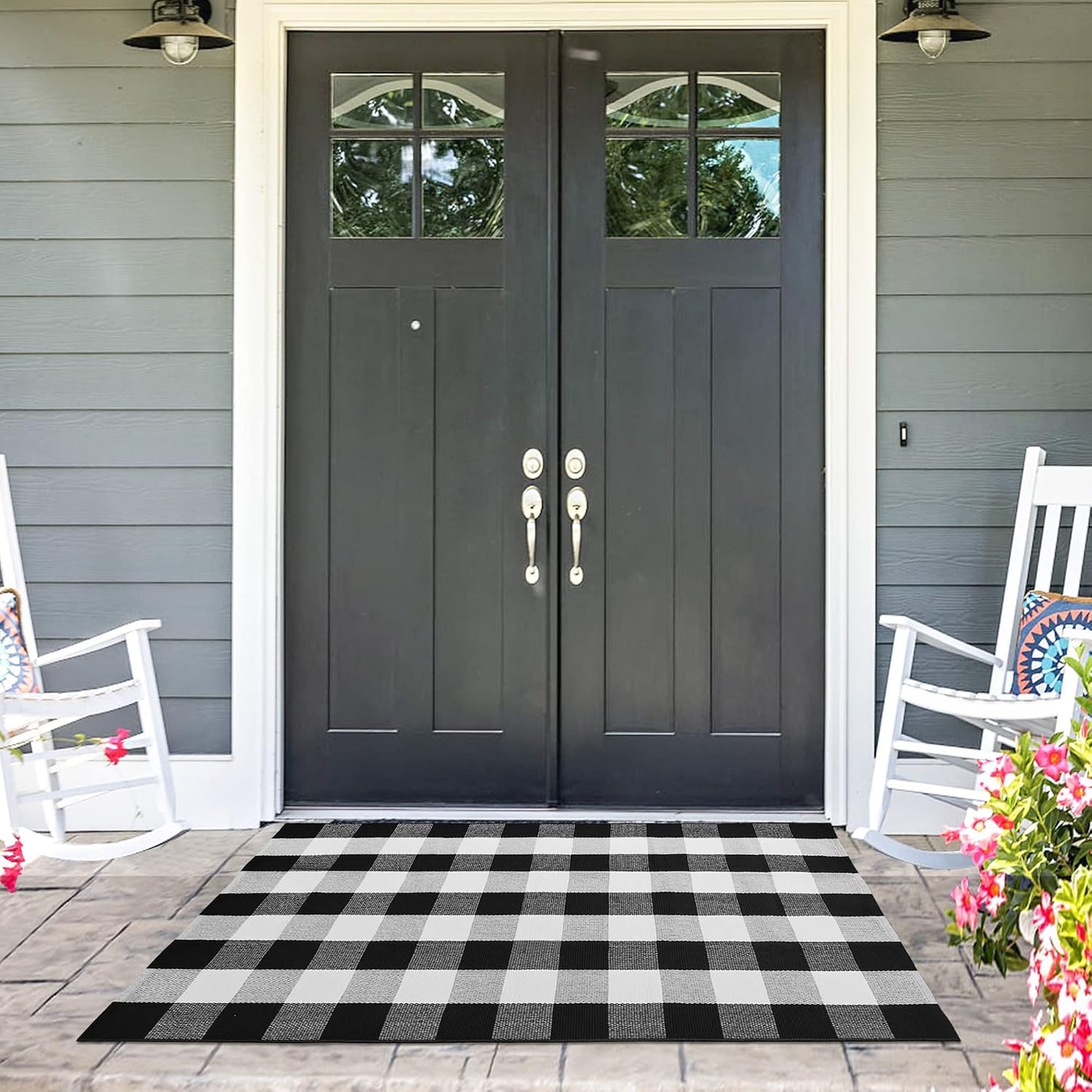 Alfombra escocesa algodón 3x5" tejida a mano negro blanco