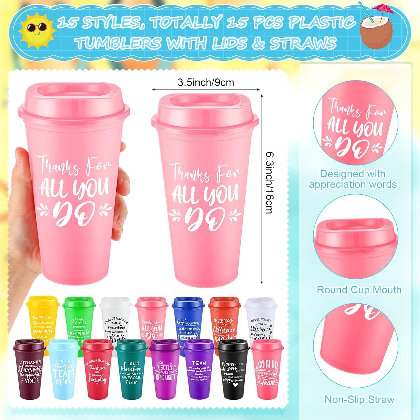 45 Pzas Tazas Plástico 16oz Con Tapa Libretas