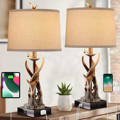 2 Lámparas Mesa Rústicas Astas Puertos USB AC Recámara
