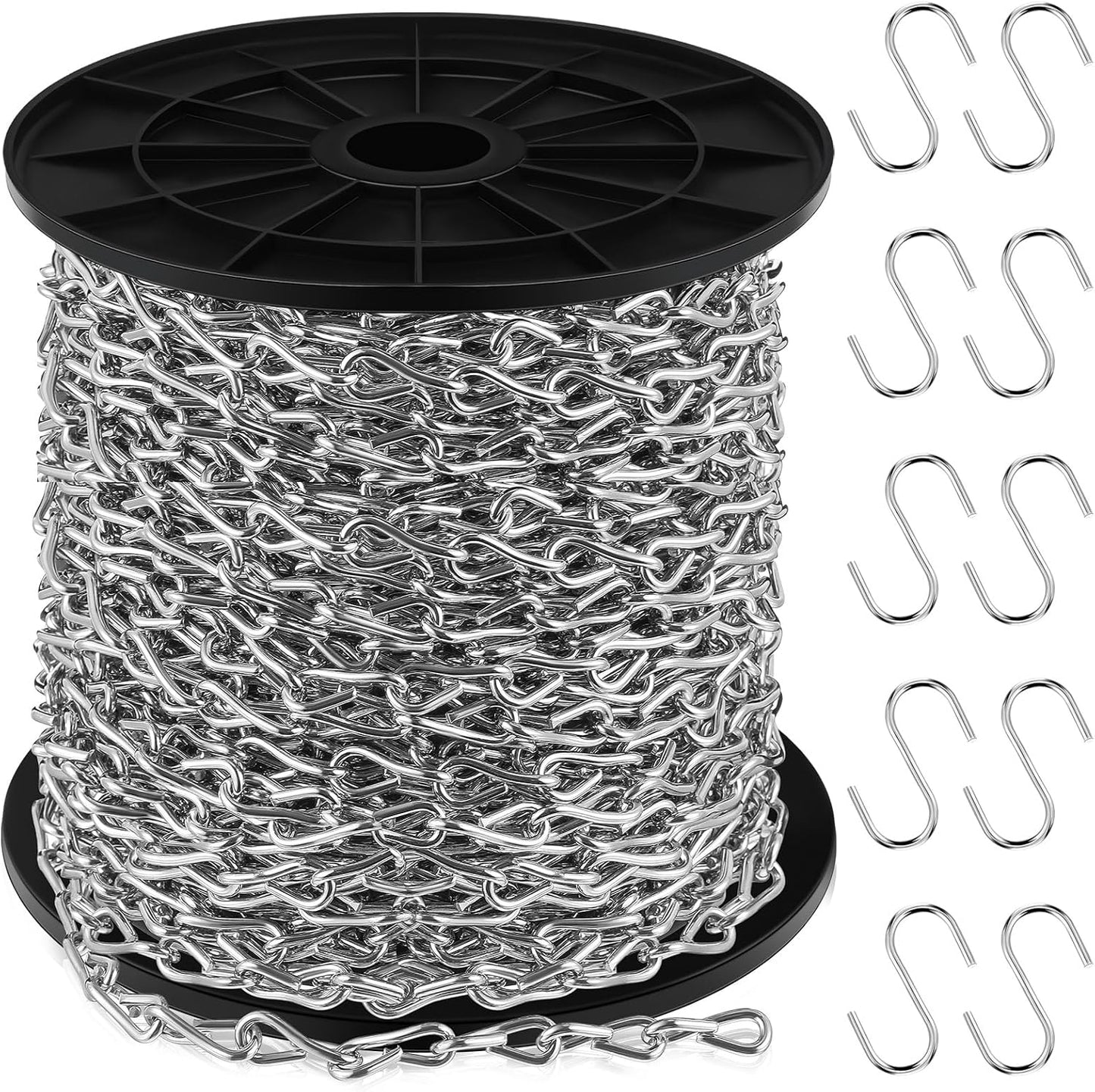Cadena plateada 15.24m con 10 ganchos acero galvanizado