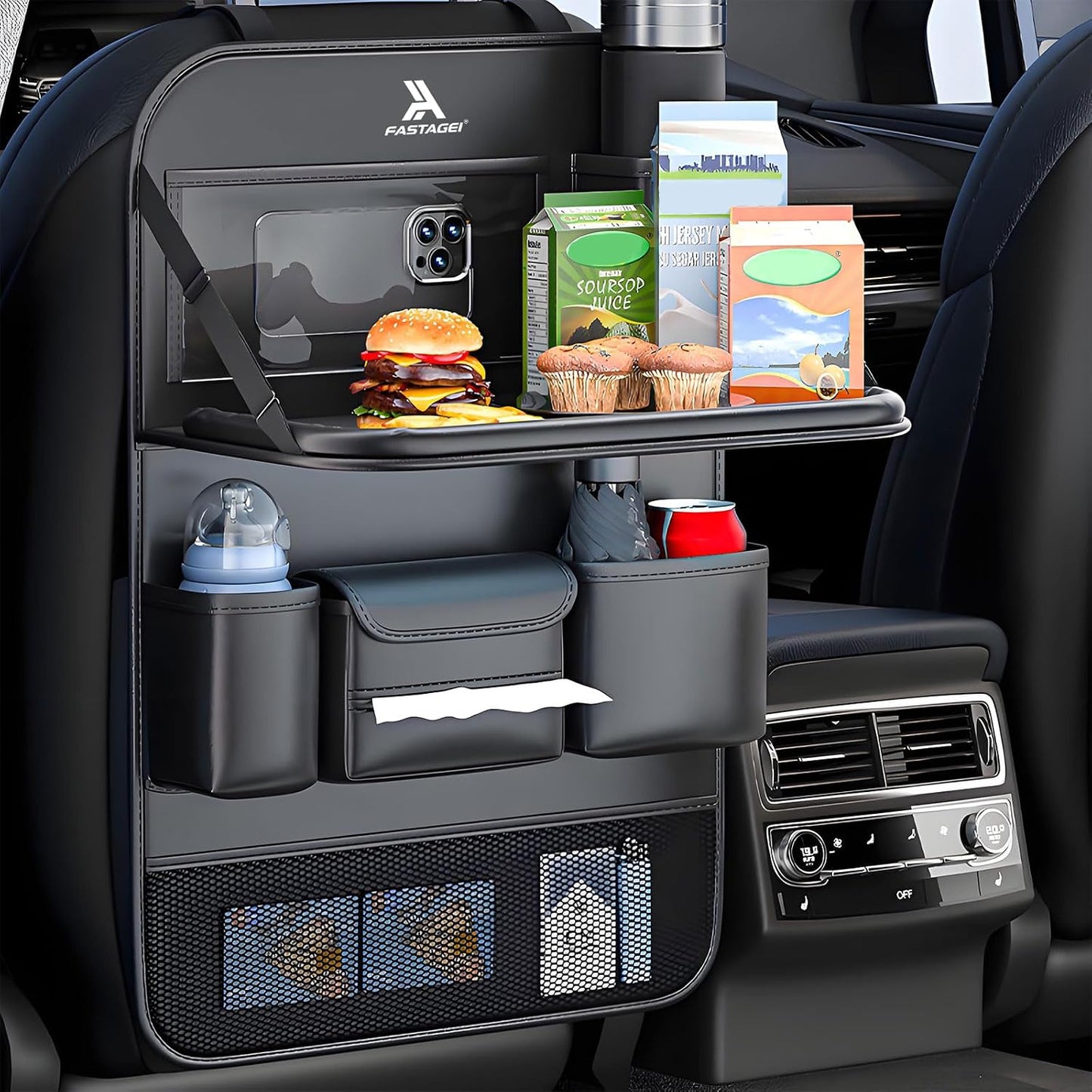Organiz. plegable coche con bandeja y soporte teléfono