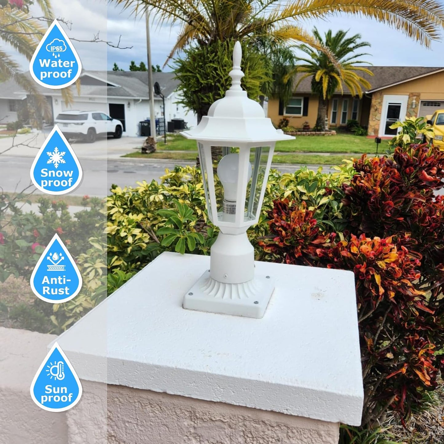 Lámpara poste exterior 16pulg aluminio vidrio blanco
