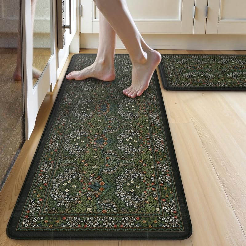Alfombras cocina antifatiga acolchadas 2 pzas verde oscuro