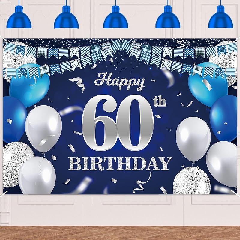 Pancarta 60 Cumpleaños Globos Azul Marino Confeti Brindis