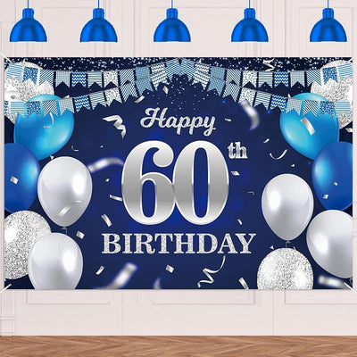 Pancarta 60 Cumpleaños Globos Azul Marino Confeti Brindis
