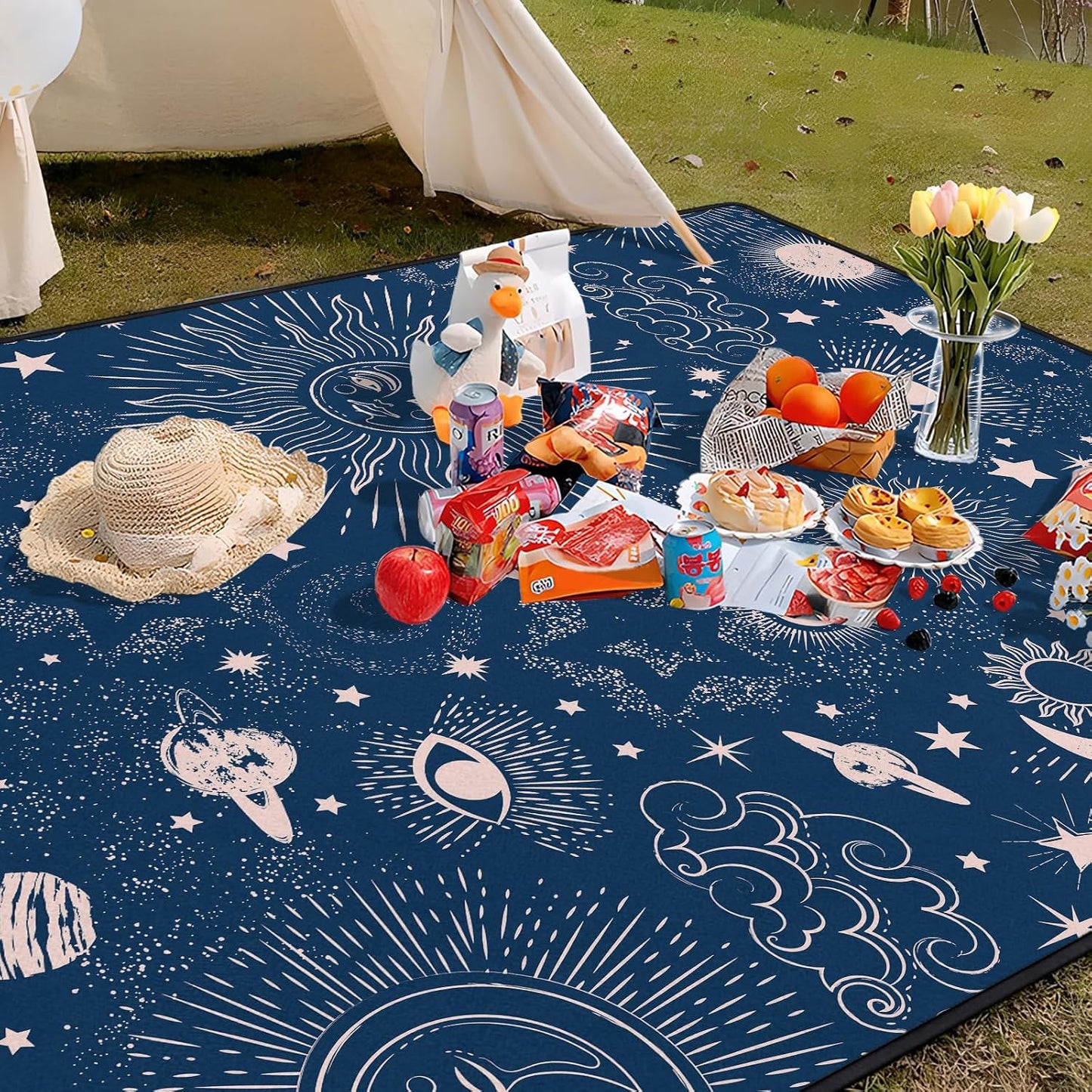 Manta pícnic impermeable sol y luna 80x80" azul grande